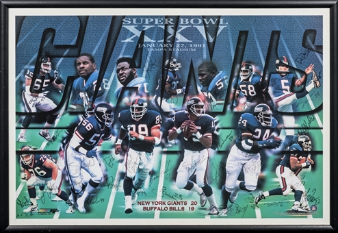 1990-91 New York Giants Team Signed Super Bowl XXV Poster With 35 Signatures Including Taylor, Hostetler, Bavaro & Anderson In 38x27 Frame (Beckett)
